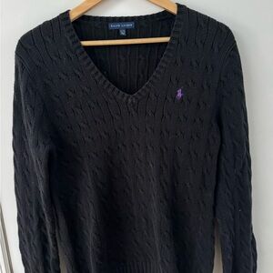 Ralph Lauren Black Cable Knit V-Neck Sweater